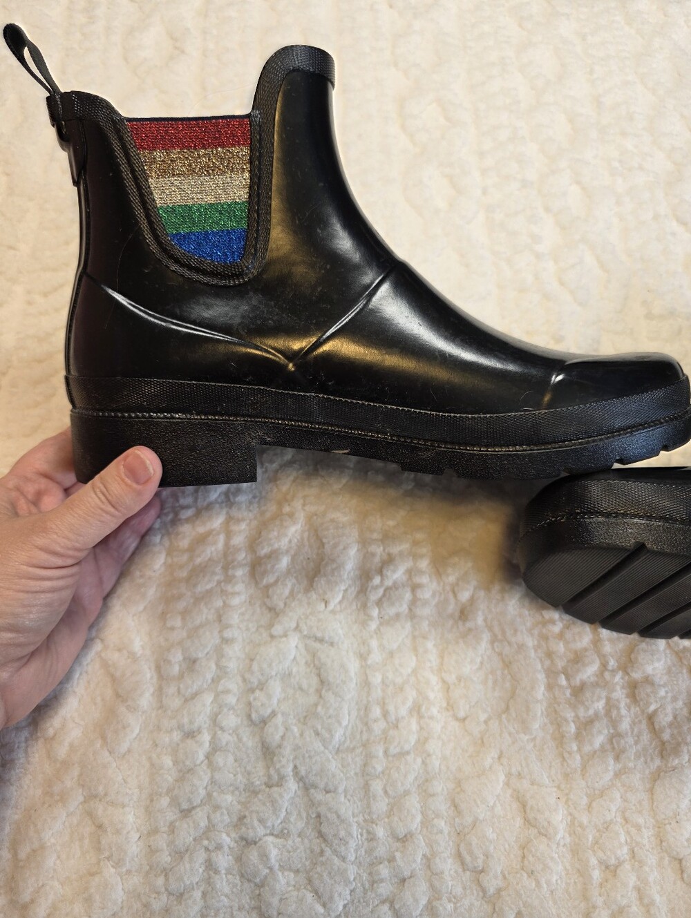 Tretorn Black Chelsea Rain Boots Rainbow Glitter Gore Size 9